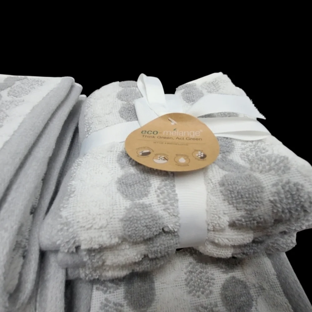 8pc ECO Melange 2 Bath 2 Hand 4 Washcloth Towel Set Gray White Stripe Dot NEW - Picture 3 of 8